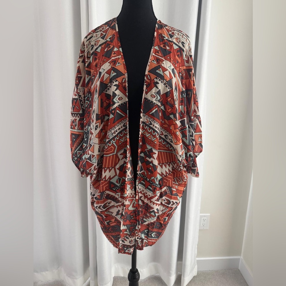 Boho Open-Front Aztec Shrug Coverup in Rust & Cream